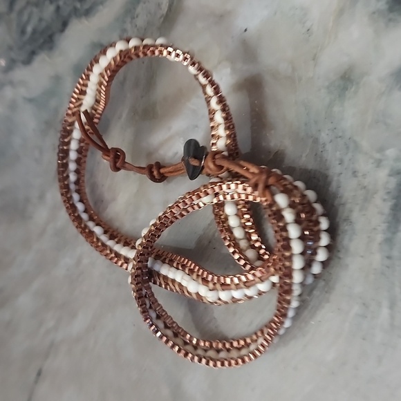 Ginger - Copper & White Beads with Tan Leather - Triple Wrap Bracelet - Picture 4 of 4